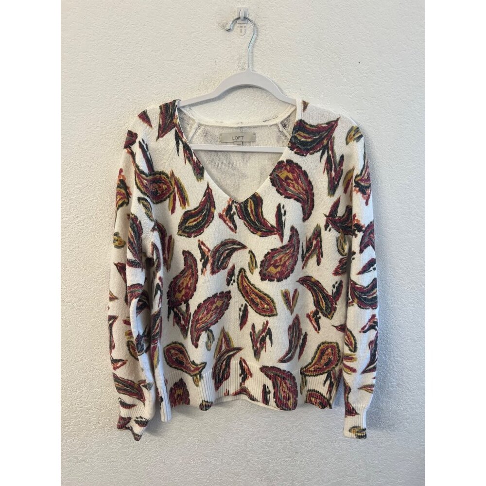 Loft White Sweater With Multicolor Paisley Print V-Neck Long Sleeves Size Large